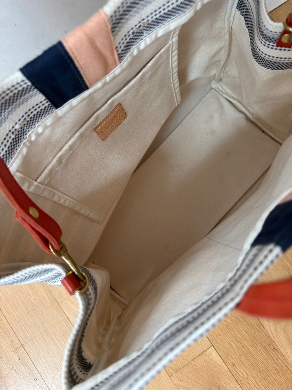 Clare V Striped Canvas Tote with Navy and Peach Center Stripes - Picture 3 of 5